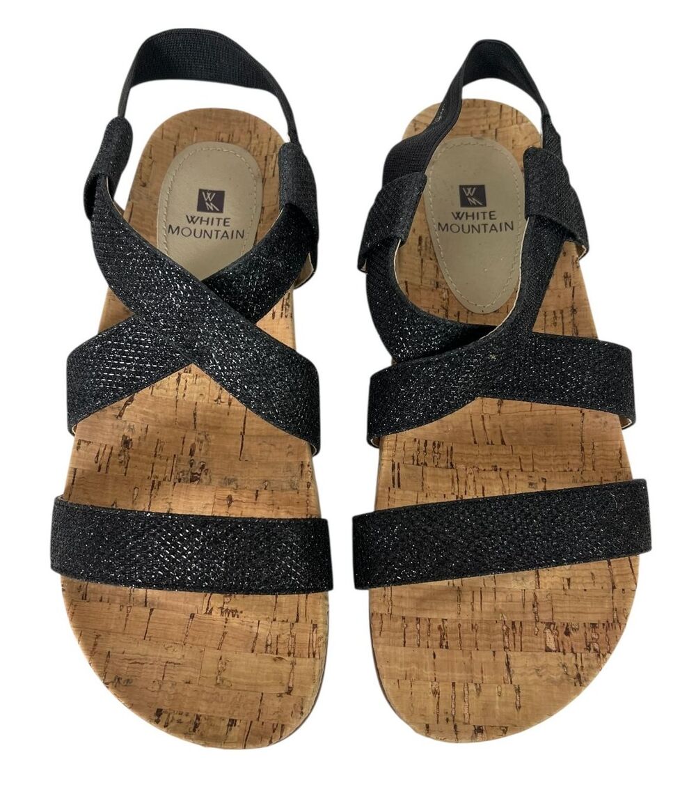 WHITE MOUNTAIN Women's Black Glitter Sparkle Felix Flat Sandals Size 7 NWOB